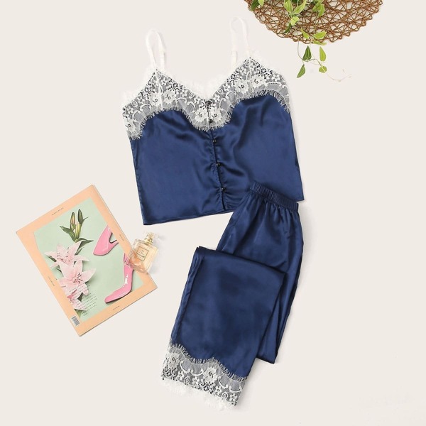 Contrast Lace Button-up Satin Cami Pajama Set, Blue
Contrast Lace Button-up Satin Cami Pajama Set, Blue