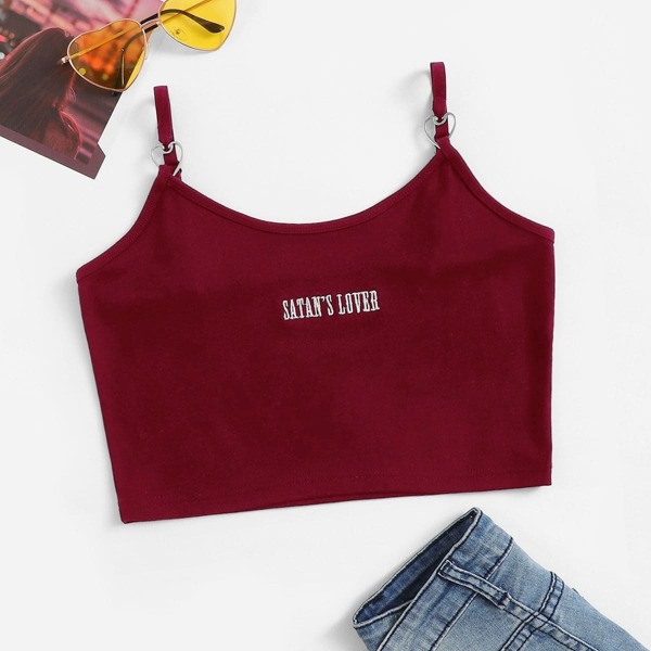 Letter Embroidered Cami Top, Burgundy 
Letter Embroidered Cami Top, Burgundy
