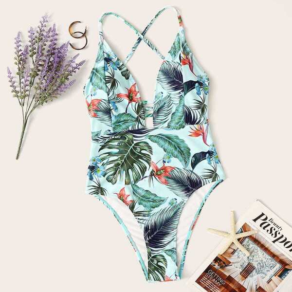 Random Tropical Lace-up Back One Piece Swimsuit, Multicolor
Random Tropical Lace-up Back One Piece Swimsuit, Multicolor