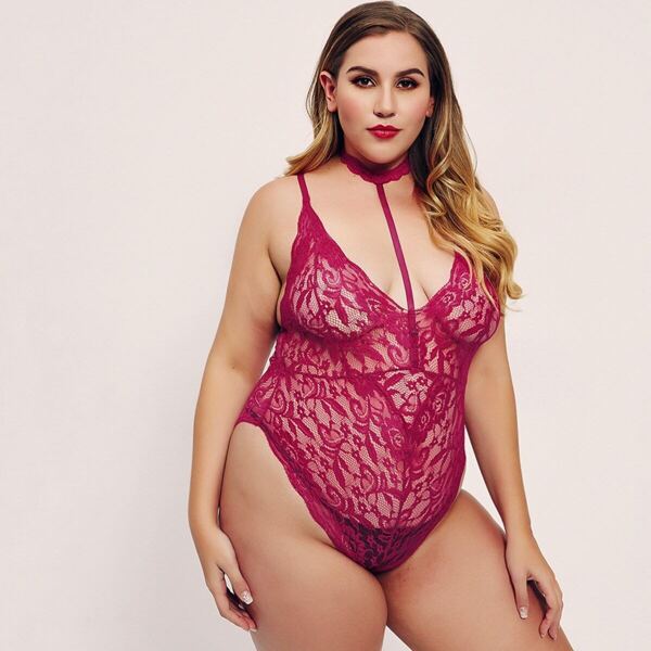 Plus Floral Lace Teddy Bodysuit With Choker, Pink bright
Plus Floral Lace Teddy Bodysuit With Choker, Pink bright