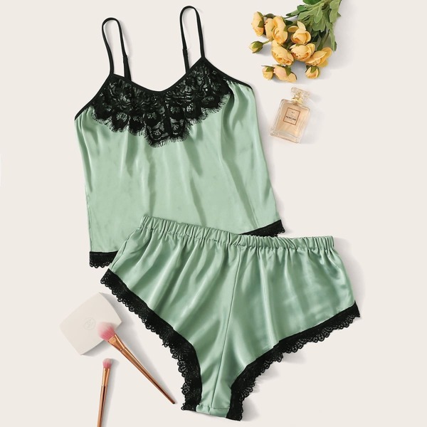 Contrast Lace Satin Cami Top With Shorts 
Contrast Lace Satin Cami Top With Shorts