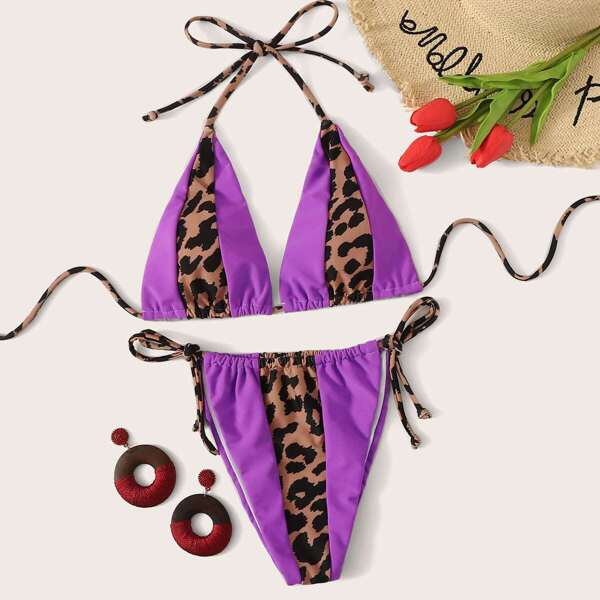 Contrast Leopard Halter Top With Tie Side Bikini
Contrast Leopard Halter Top With Tie Side Bikini