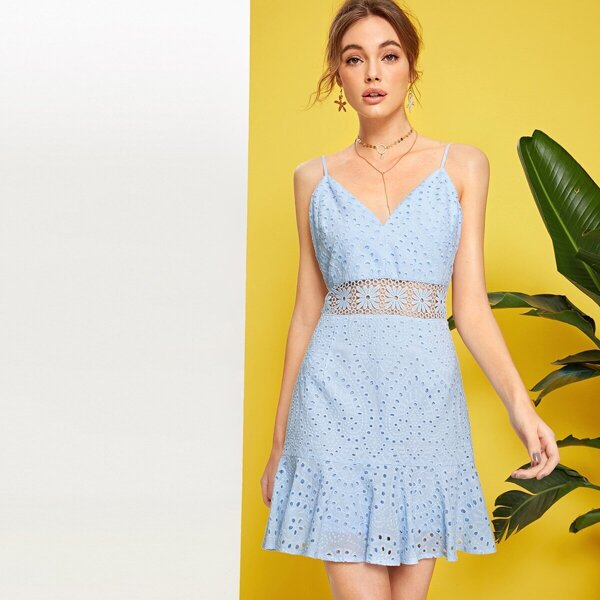 Guipure Lace Insert Ruffle Hem Schiffy Dress, Blue pastel 
Guipure Lace Insert Ruffle Hem Schiffy Dress, Blue pastel