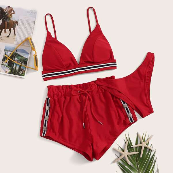 3pack Striped Tape Triangle High Waist Shorts Bikini Swimsuit With Panty, Burgundy bright
3pack Striped Tape Triangle High Waist Shorts Bikini Swimsuit With Panty, Burgundy bright