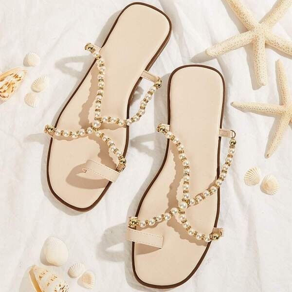 Pearl Detail Toe Ring Flat Sandals, Apricot
Pearl Detail Toe Ring Flat Sandals, Apricot