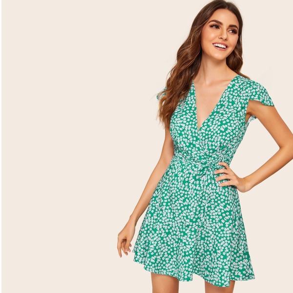 Surplice Ditsy Floral Belted Dress, Green
Surplice Ditsy Floral Belted Dress, Green