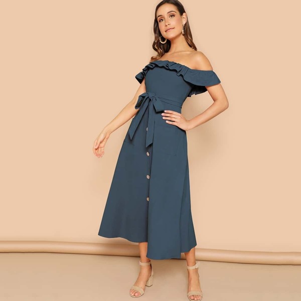 Off Shoulder Ruffle Trim Buttoned Dress, Blue
Off Shoulder Ruffle Trim Buttoned Dress, Blue