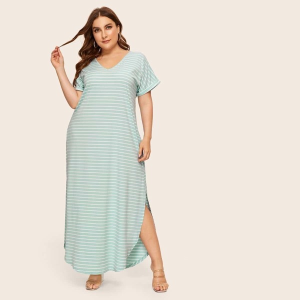 Plus Striped V-neck Split Dress, Green
Plus Striped V-neck Split Dress, Green