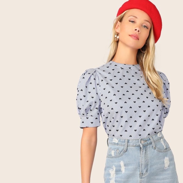 Keyhole Back Puff Sleeve Confetti Heart Print Top, Blue 
Keyhole Back Puff Sleeve Confetti Heart Print Top, Blue