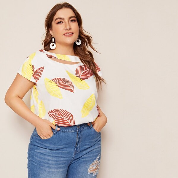 Plus Leaf Print Asymmetrical Neck Blouse, White 
Plus Leaf Print Asymmetrical Neck Blouse, White