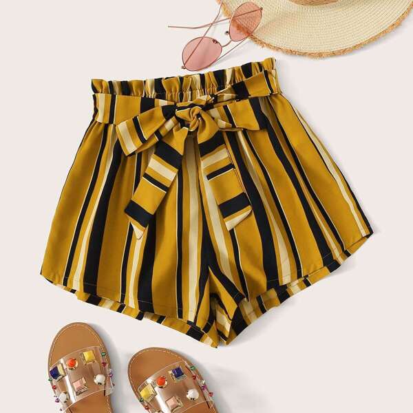 Plus Striped Paperbag Waist Belted Shorts, Yellow
Plus Striped Paperbag Waist Belted Shorts, Yellow