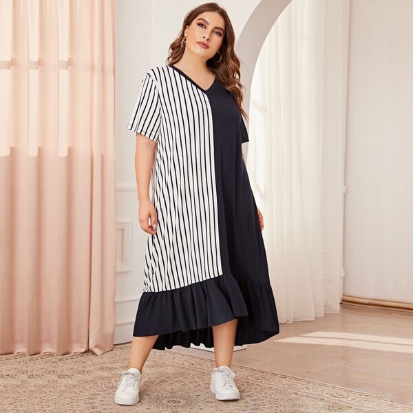 Plus V-neck Ruffle Hem Spliced Tunic Dress 
Plus V-neck Ruffle Hem Spliced Tunic Dress