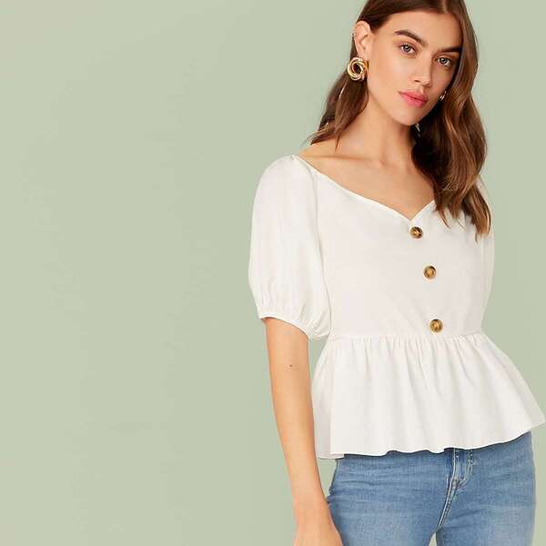 Solid Buttoned Front Peplum Top 
Solid Buttoned Front Peplum Top
