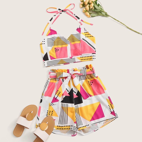 Geo Print Halter Top With Belted Paperbag Shorts 
Geo Print Halter Top With Belted Paperbag Shorts