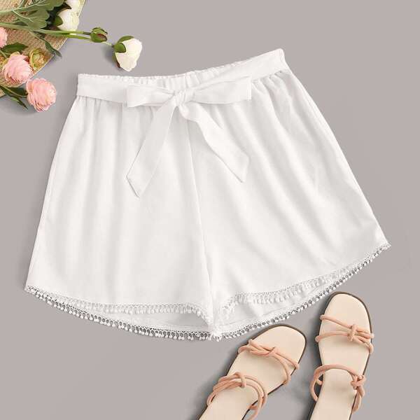 Solid Lace Hem Tie Waist Shorts, White 
Solid Lace Hem Tie Waist Shorts, White