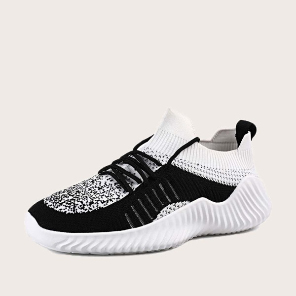 Men Lace-up Front Knit Trainers, Black and white 
Men Lace-up Front Knit Trainers, Black and white