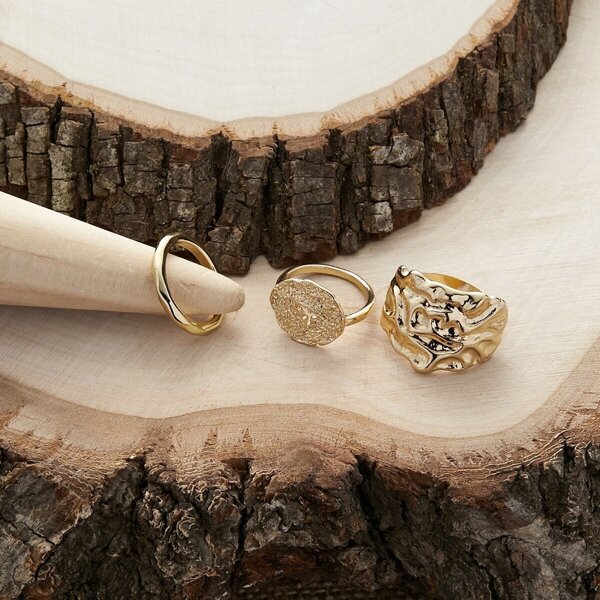 Set Of Three Hammered Detail Rings, Gold 
Set Of Three Hammered Detail Rings, Gold
