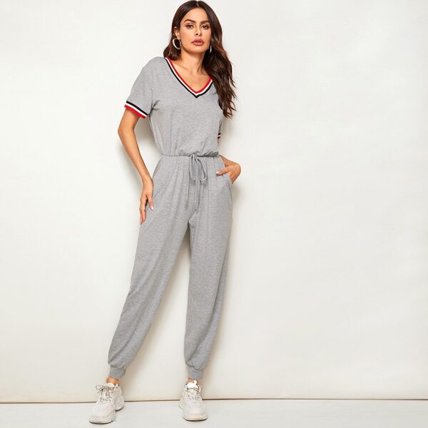 V-neck Contrast Striped Tape Drawstring Waist Jumpsuit 
V-neck Contrast Striped Tape Drawstring Waist Jumpsuit