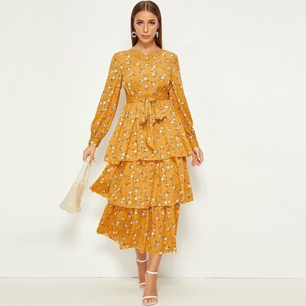 Ditsy Floral Print Layered Ruffle Belted Dress, Yellow
