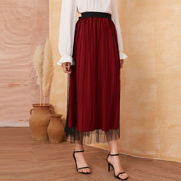 Wide Waistband Striped Mesh Overlay Skirt 
Wide Waistband Striped Mesh Overlay Skirt