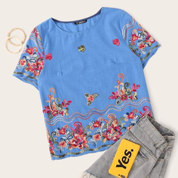 Floral Embroidered Short Sleeve Top, Blue
Floral Embroidered Short Sleeve Top, Blue