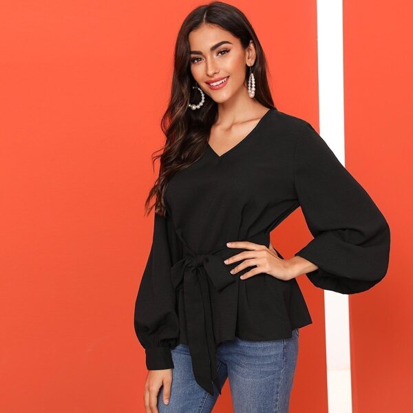 Solid Bishop Sleeve Belted Top, Black
Solid Bishop Sleeve Belted Top, Black