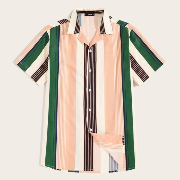 Men Notched Collar Striped Shirt, Multicolor 
Men Notched Collar Striped Shirt, Multicolor
