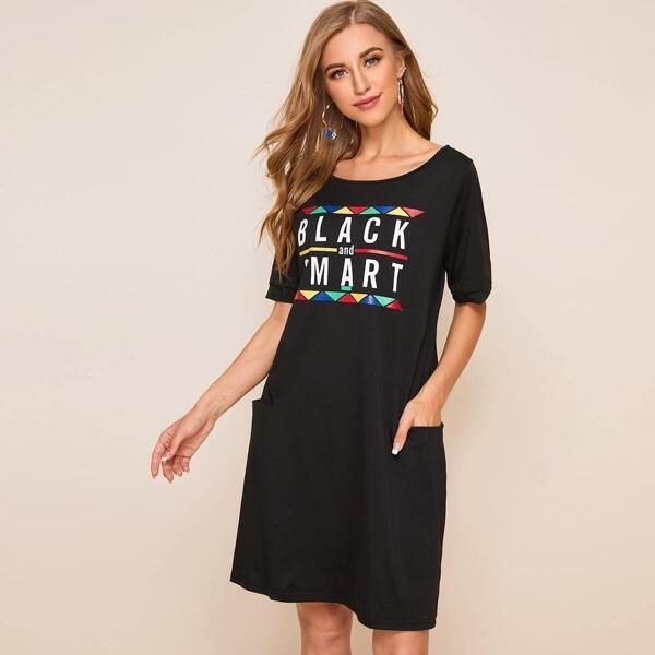 Letter Print Dual Pocket Tee Dress 
Letter Print Dual Pocket Tee Dress