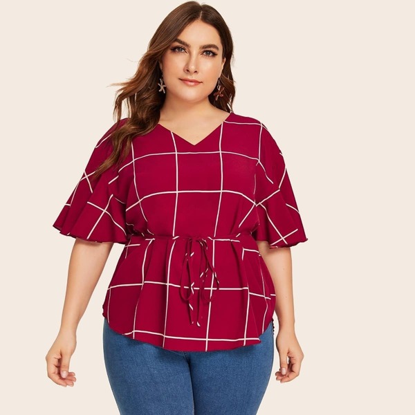 Plus Plaid Print Curved Hem Belted Blouse, Red 
Plus Plaid Print Curved Hem Belted Blouse, Red