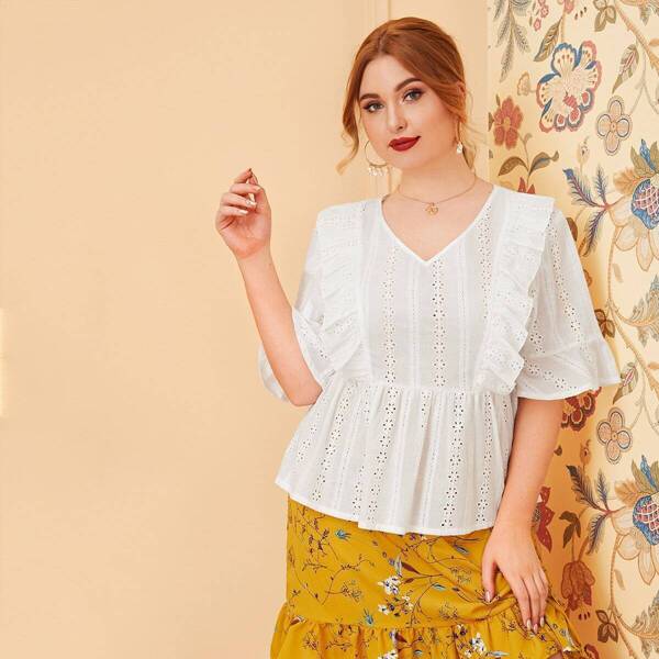 Plus Frill Trim Schiffy Peplum Blouse, White 
Plus Frill Trim Schiffy Peplum Blouse, White