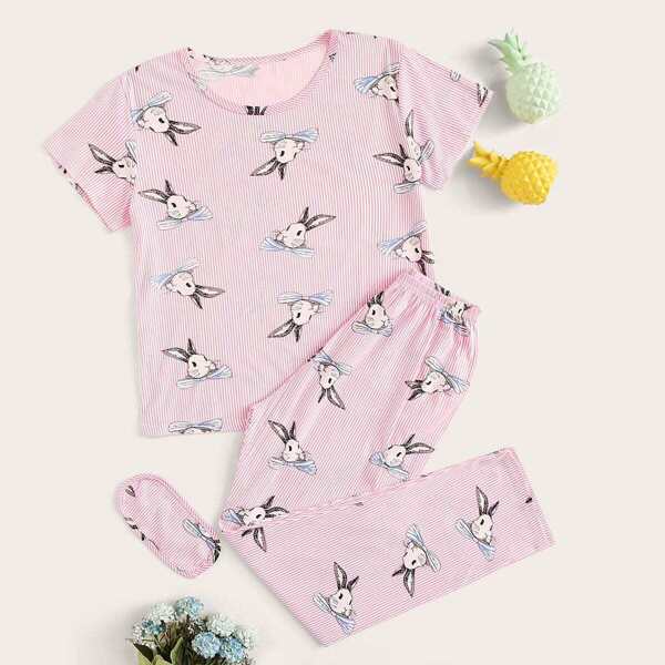 Rabbit Print Striped Pajama Set With Eye Mask, Pink 
Rabbit Print Striped Pajama Set With Eye Mask, Pink
