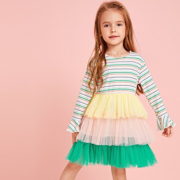 Toddler Girls Contrast Tiered Layer Mesh Striped A-line Dress, Multicolor
Toddler Girls Contrast Tiered Layer Mesh Striped A-line Dress, Multicolor