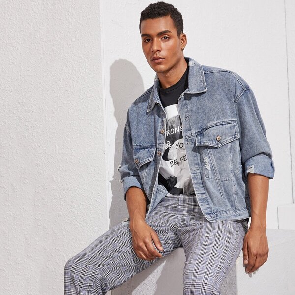 Men Ripped Pocket Front Denim Jacket 
Men Ripped Pocket Front Denim Jacket