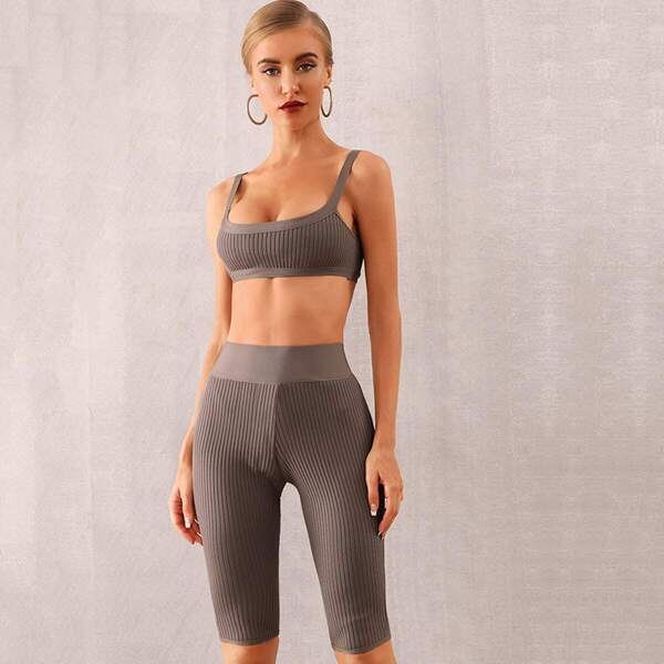 Solid Rib-knit Crop Top & Cycling Shorts Set, Mocha brown