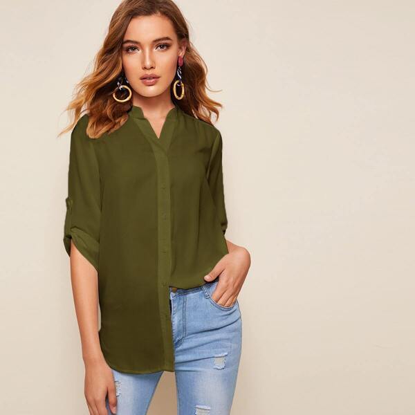 Solid Tab Sleeve High Low Curved Shirt, Army green
Solid Tab Sleeve High Low Curved Shirt, Army green