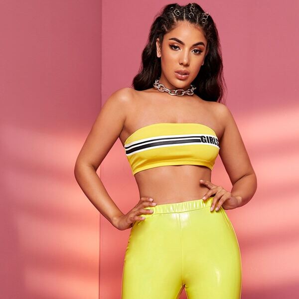 Letter Tape Detail Tube Crop Top, Yellow bright 
Letter Tape Detail Tube Crop Top, Yellow bright