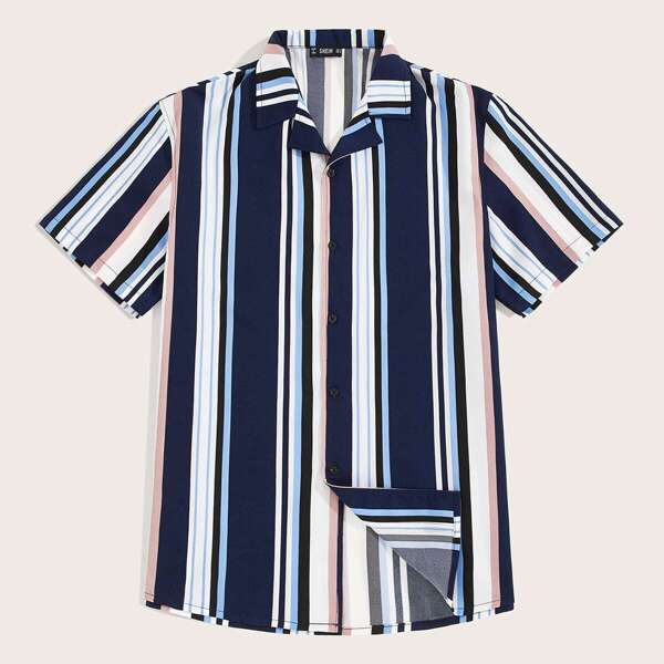 Men Revere Collar Striped Shirt, Multicolor 
Men Revere Collar Striped Shirt, Multicolor