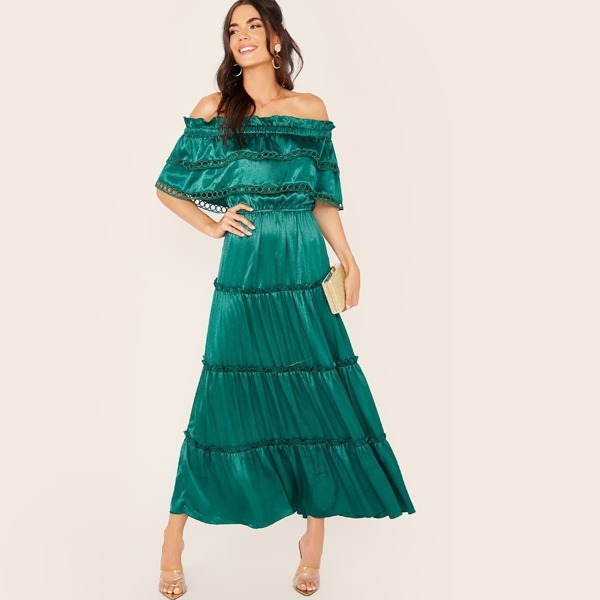 Layered Frilled Bardot Satin Dress, Green 
Layered Frilled Bardot Satin Dress, Green