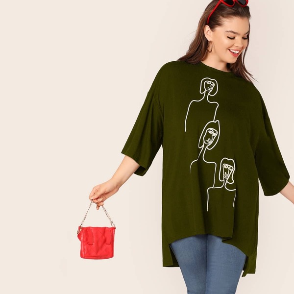 Plus Drop Shoulder Cartoon Graphic High-low Hem Top, Army green
Plus Drop Shoulder Cartoon Graphic High-low Hem Top, Army green