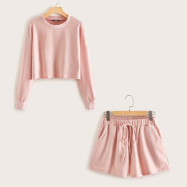 Solid Drop Shoulder Pullover & Drawstring Shorts Set, Pink pastel
Solid Drop Shoulder Pullover & Drawstring Shorts Set, Pink pastel