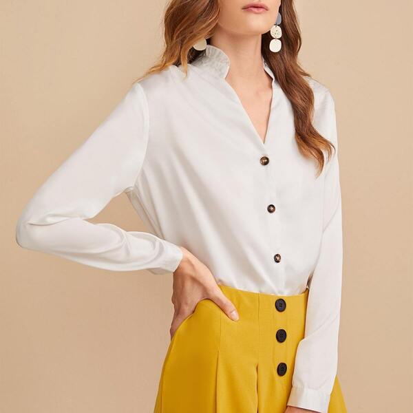 Solid Button Front Notch Neck Blouse 
Solid Button Front Notch Neck Blouse