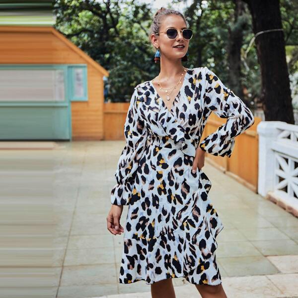 Surplice Neck Ruffle Trim Leopard Print Dress, Multicolor 
Surplice Neck Ruffle Trim Leopard Print Dress, Multicolor