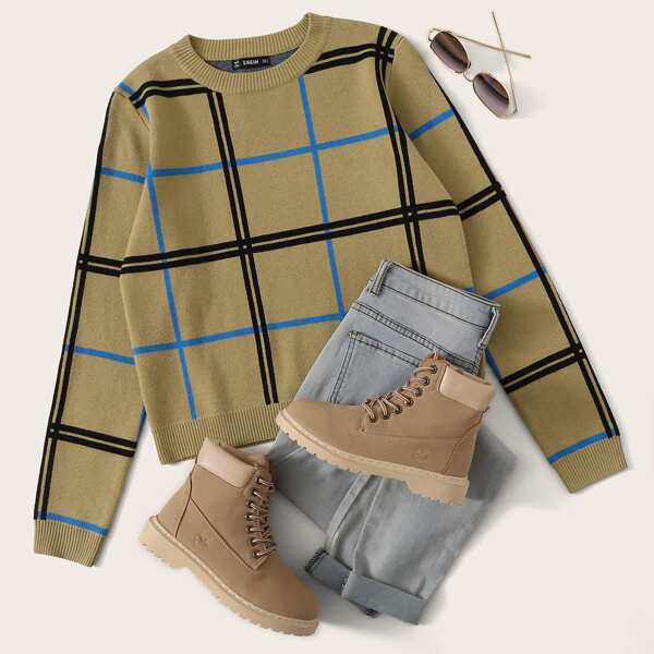 Round Neck Plaid Sweater, Khaki