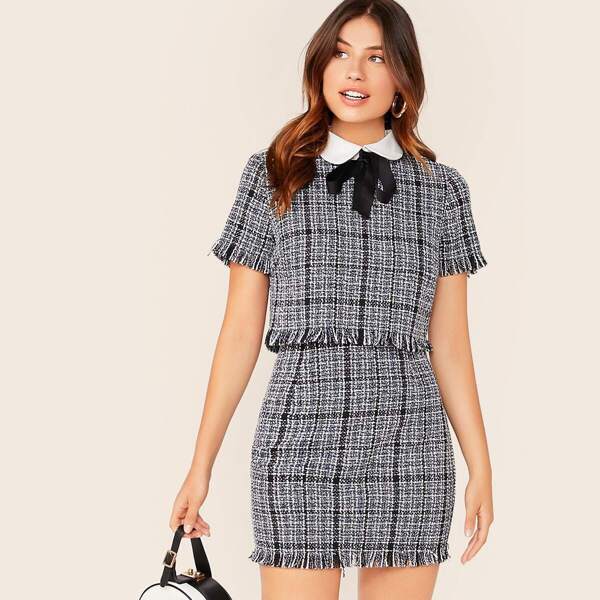 Raw Hem Tie Neck Tweed Top & Skirt Set, Multicolor
Raw Hem Tie Neck Tweed Top & Skirt Set, Multicolor