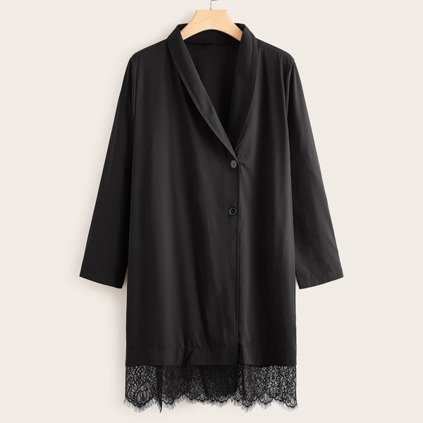 Plus Lace Trim Single Breasted Solid Outerwear, Black 
Plus Lace Trim Single Breasted Solid Outerwear, Black