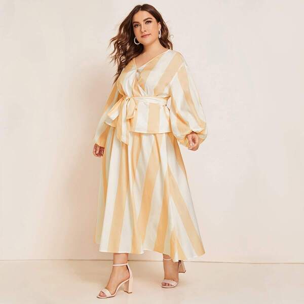 Plus Two Tone Wrap Belted Top & Skirt Set, Yellow pastel 
Plus Two Tone Wrap Belted Top & Skirt Set, Yellow pastel