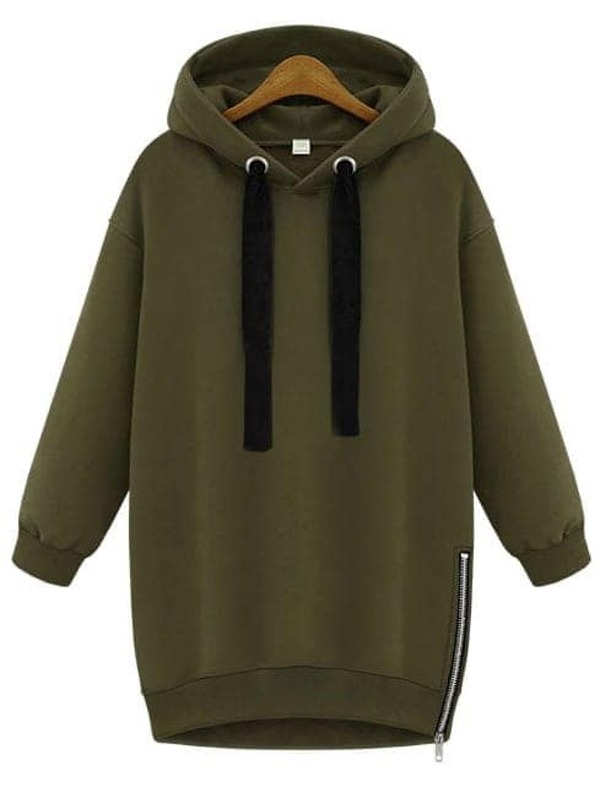 Hooded Eyelet Zipper Loose Sweatshirt, Army green