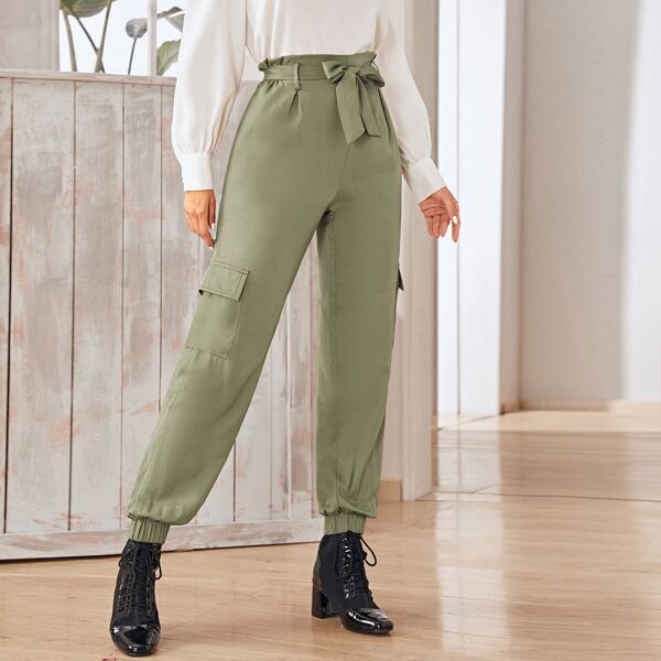 Solid Side Flap Pocket Paperbag Cargo Pants 
Solid Side Flap Pocket Paperbag Cargo Pants