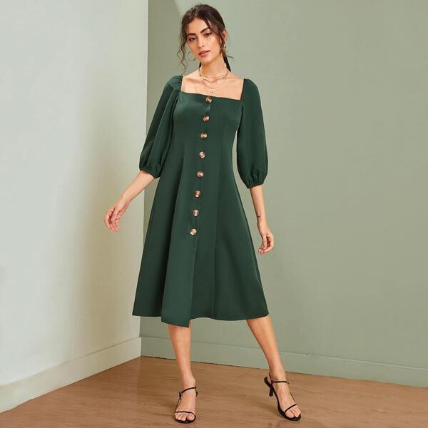Square Neck Button Front Bishop Sleeve Dress, Green 
Square Neck Button Front Bishop Sleeve Dress, Green