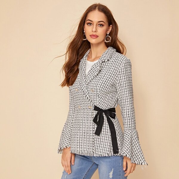 Flounce Sleeve Wrap Knot Plaid Tweed Blazer, White 
Flounce Sleeve Wrap Knot Plaid Tweed Blazer, White